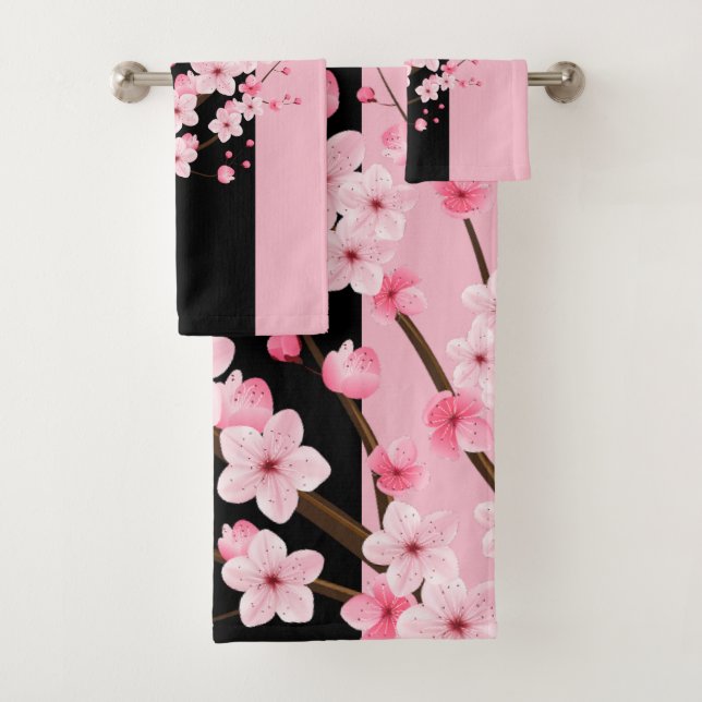 Pink Floral Blossoms Black & Pink Towel (Insitu)