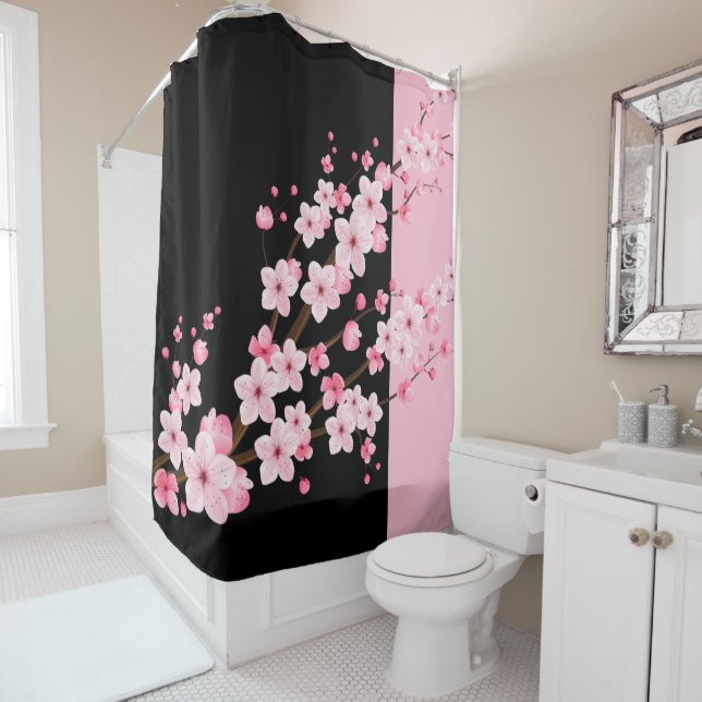 Pink Floral Blossoms Black & Pink Towel (In Situ)