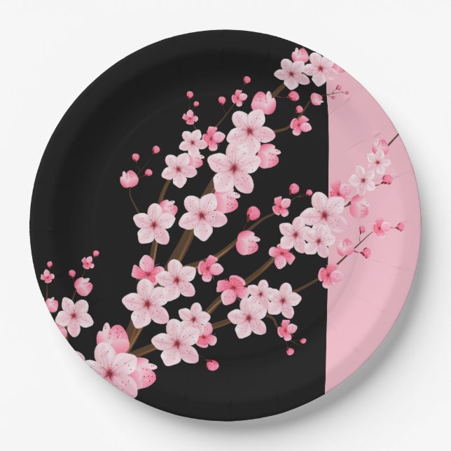 Pink Floral Blossoms Black & Pink Towel Paper Plate (Front)