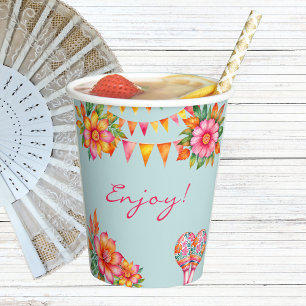 Pink Floral Blue Fiesta Bridal Shower Paper Cups