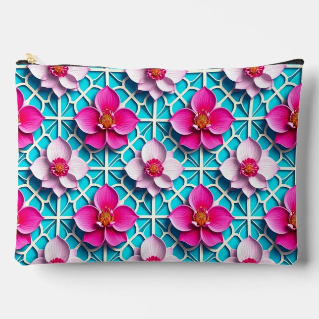 🌸 Pink Floral Blue Geometric Pouch Makeup Bag ✨ (Front)