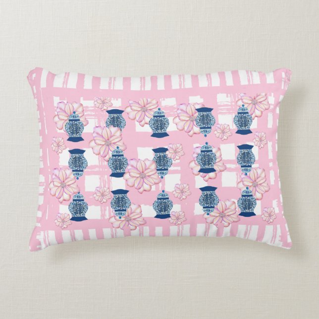 Pink Floral Blue Ginger Jars Lumbar Accent Pillow (Front)