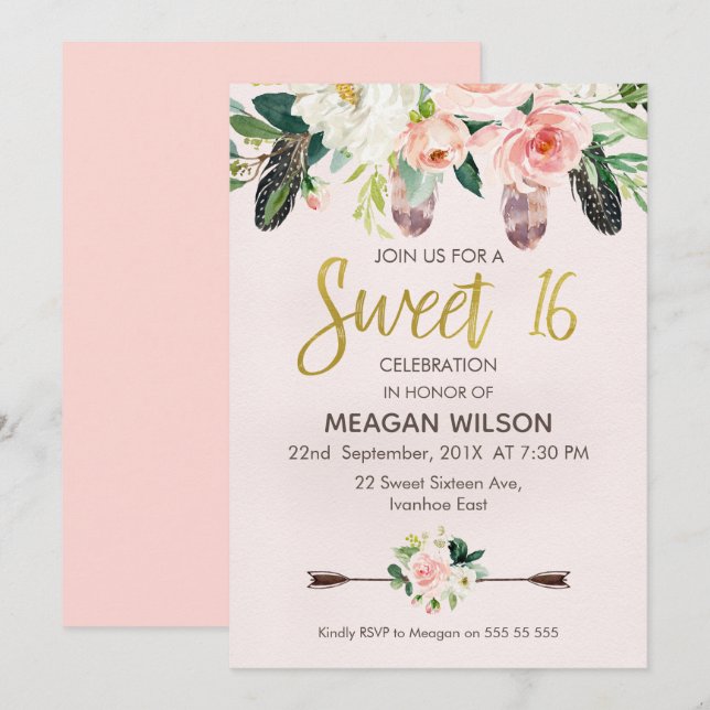 Pink Floral Boho 16th Birthday Invitation (Front/Back)