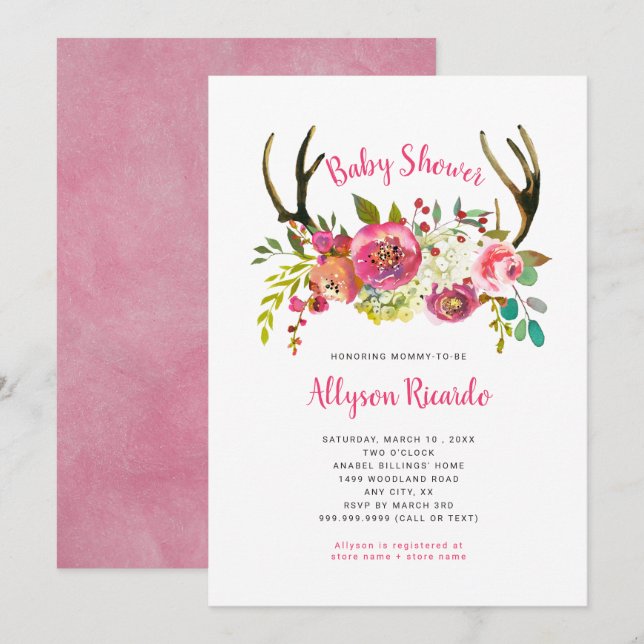 Pink Floral Boho Antlers Baby Shower Invitation (Front/Back)