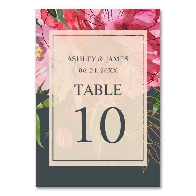 Pink Floral Boho Chic Botanical Ivory Wedding Table Number (Front)