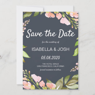 Pink Floral Boho Dark Blue Save the Date