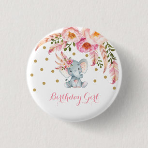 Pink Floral Boho Elephant 1st Birthday Party 1 Inch Round Button
