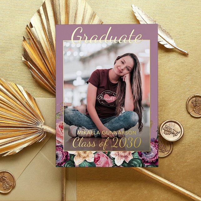 Pink Floral Boho Gold Foil Faire-part de graduatio (Créateur téléchargé)