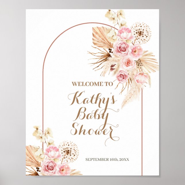 Pink Floral Boho Pampas Baby Shower Welcome Sign (Front)