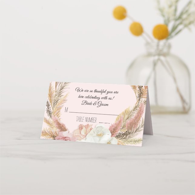 Pink Floral Boho Pampas Grass Tent Place Cards (Front)