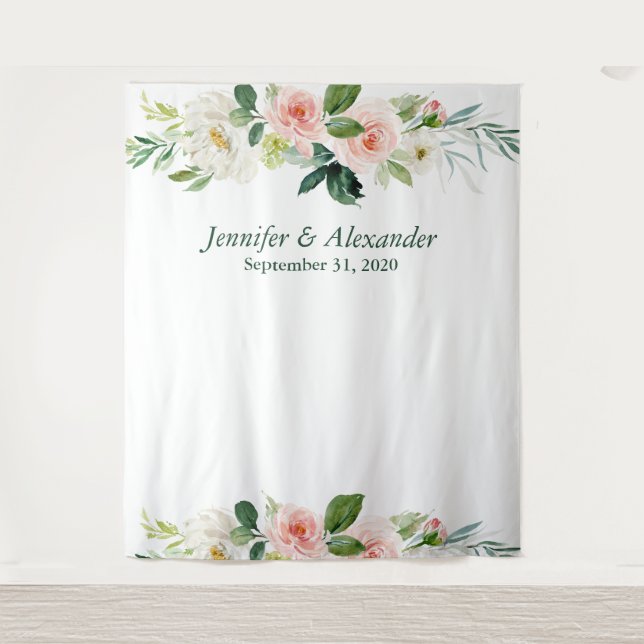 Pink Floral Boho Wedding Photo Booth Backdrop Tapestry (Front)