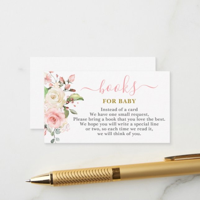 Pink Floral Books for Baby Card (Front/Back In Situ)