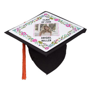 Pink floral border, photo Class of 2026 graduation Cap Topper