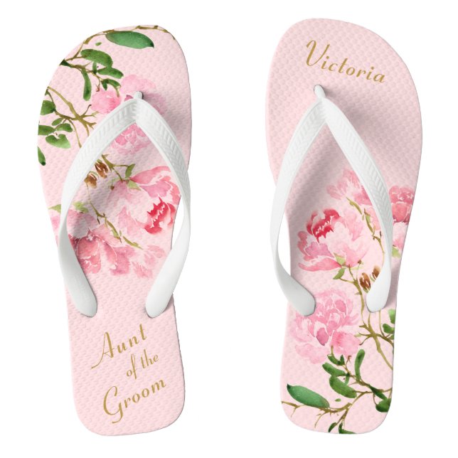 Pink Floral Botanical Aunt of the Groom Wedding Flip Flops (Footbed)