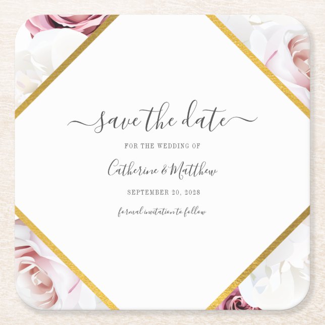 Pink Floral Botanical Geometric Save The Date Square Paper Coaster (Front)