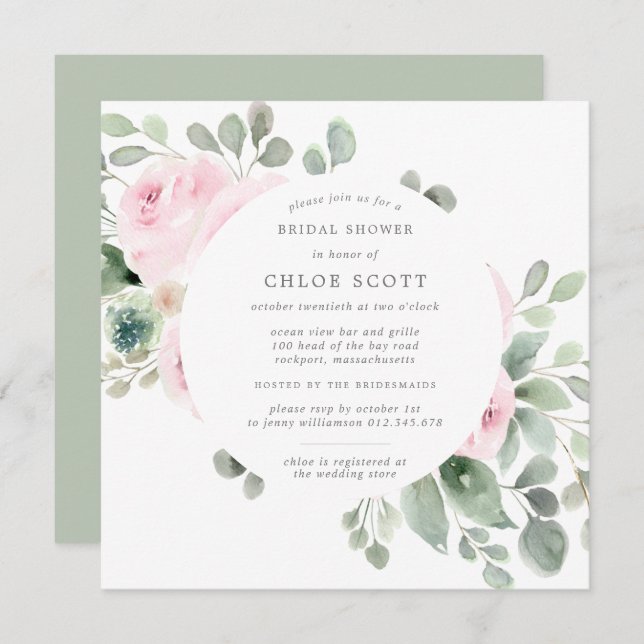 Pink Floral Botanical Square Bridal Shower Invitation (Front/Back)