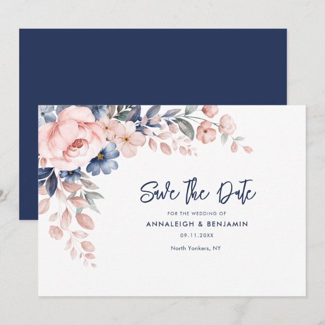 Pink Floral Botanical Wedding Script Save The Date (Front/Back)