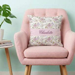 Pink Floral Botanical Wildflower Monogram Name Throw Pillow