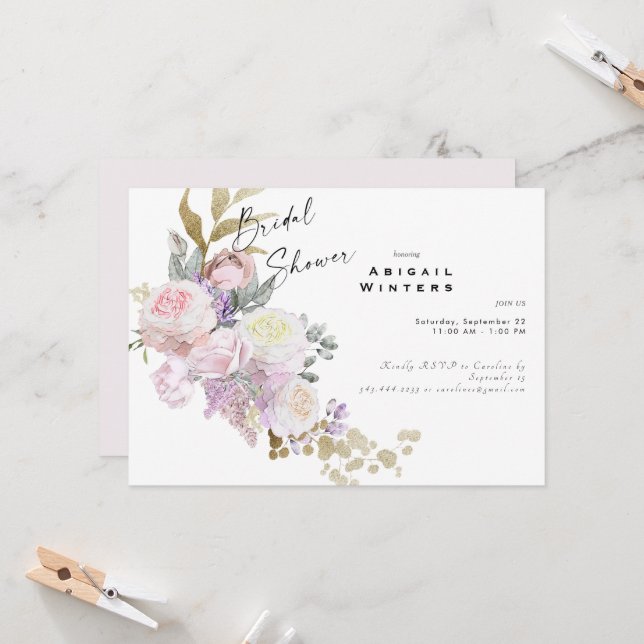 Pink Floral Bouquet Bridal Shower Invitation (Front/Back In Situ)