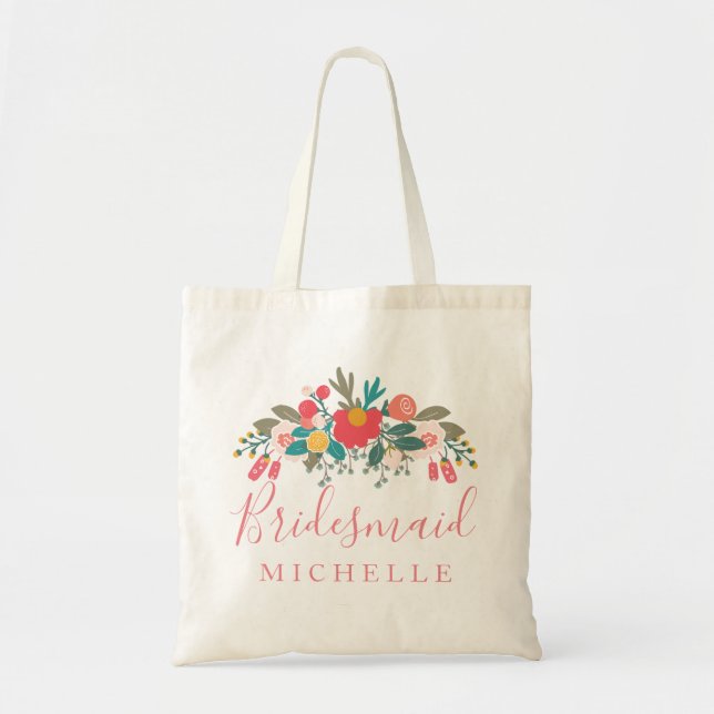 Pink Floral Bouquet Bridesmaid with Name Tote Bag (Front)