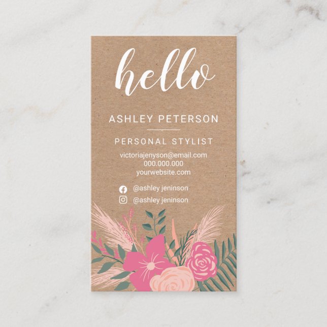 Pink floral bouquet brown kraft chic hello script business card (Front)