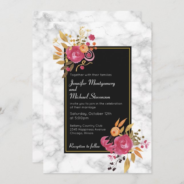 Pink Floral Bouquet on White Marble Wedding Invite (Front/Back)