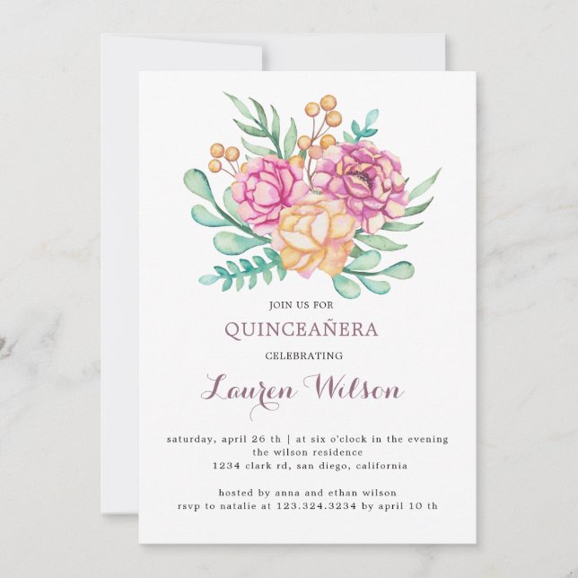 Pink Floral Bouquet Quinceanera Invitation (Front)