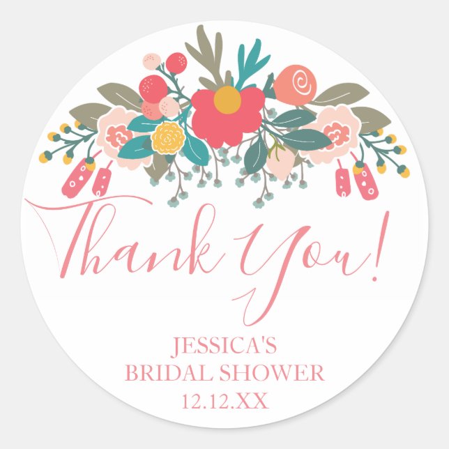 Pink Floral Bouquet Thank You Classic Round Sticker (Front)