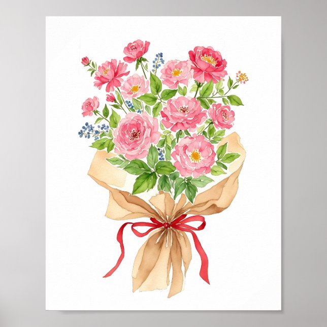 Pink Floral Bouquet Watercolor Art Print (Front)