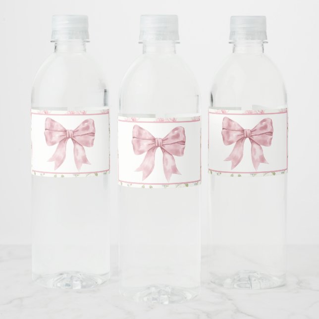 Pink Floral Bow Baby Shower  Water Bottle Label (Bottles)