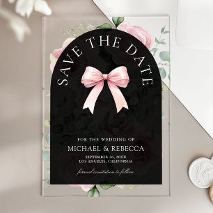 Pink Floral Bow Black Wedding Save the Date Acrylic Invitations