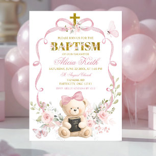 Pink Floral Bow Coquette Bear Baptism invitation