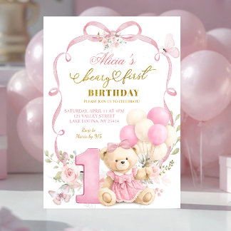Pink Floral Bow Coquette Beary First Birthday Invitation