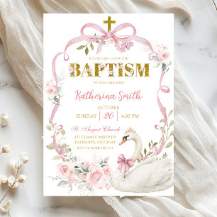 Pink Floral Bow Coquette Crown Swan Baptism Invitation
