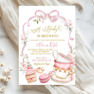 Pink Floral Bow Coquette Tea A baby is brewing Invitation