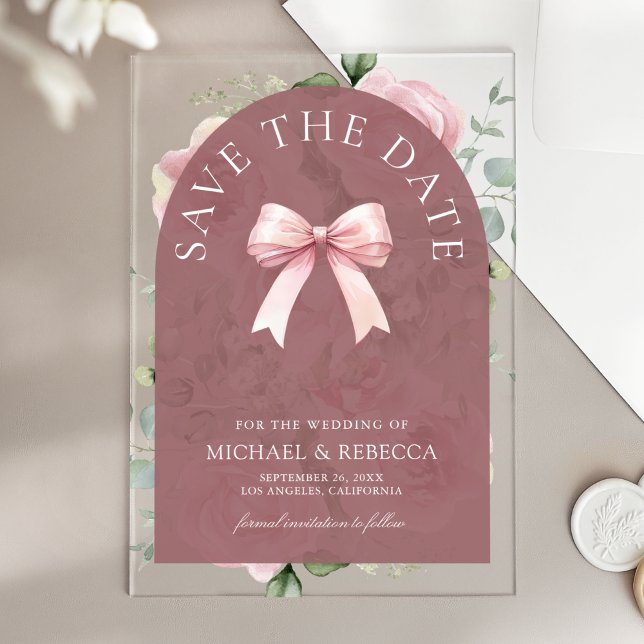 Pink Floral Bow Dusty Rose Wedding Save the Date Acrylic Invitations (Creator Uploaded)