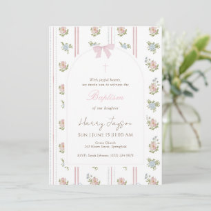 Pink Floral Bow Elegant Christian Girl Baptism Invitation