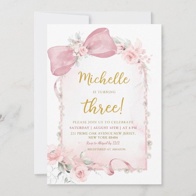 Pink Floral Bow Girl 3rd Birthday Invitation (Front)
