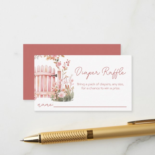 Pink Floral Bow Girl Baby Shower Diaper Raffle Enclosure Card (Front/Back In Situ)