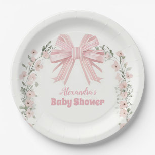 Pink Floral Bow Girl Baby Shower Paper Plate