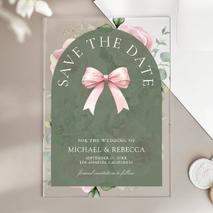 Pink Floral Bow Sage Green Wedding Save the Date Acrylic Invitations