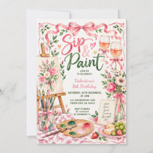 Pink Floral Bow Sip & Paint Birthday Girl Party Invitation