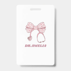 Pink Floral Bow Stethoscope Doctor Name Design Badge