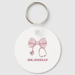 Pink Floral Bow Stethoscope Doctor Name Design Keychain