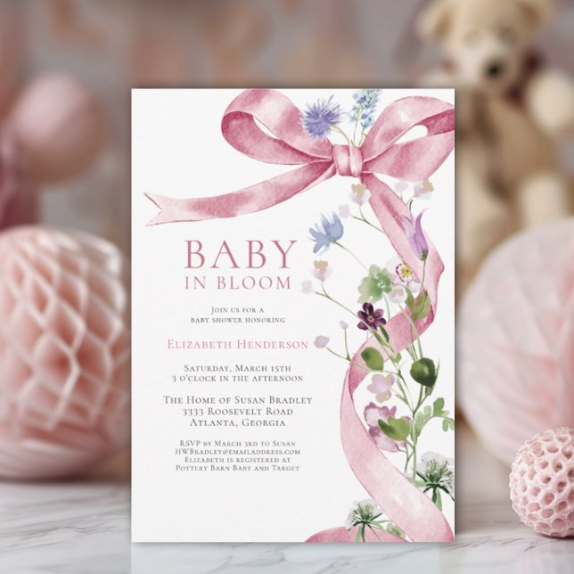 Pink Floral Bow Wildflower Baby Shower Invitation (Creator Uploaded)