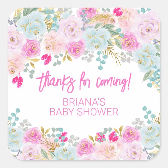 Pink Floral Boy Baby Shower Favours Square Sticker (Front)