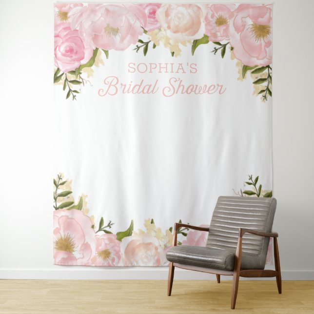 Pink Floral Bridal Shower Backdrop Photo Prop Tapestry (In Situ)