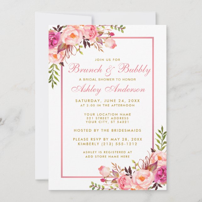 Pink Floral Bridal Shower Brunch Gold Invitation (Front)
