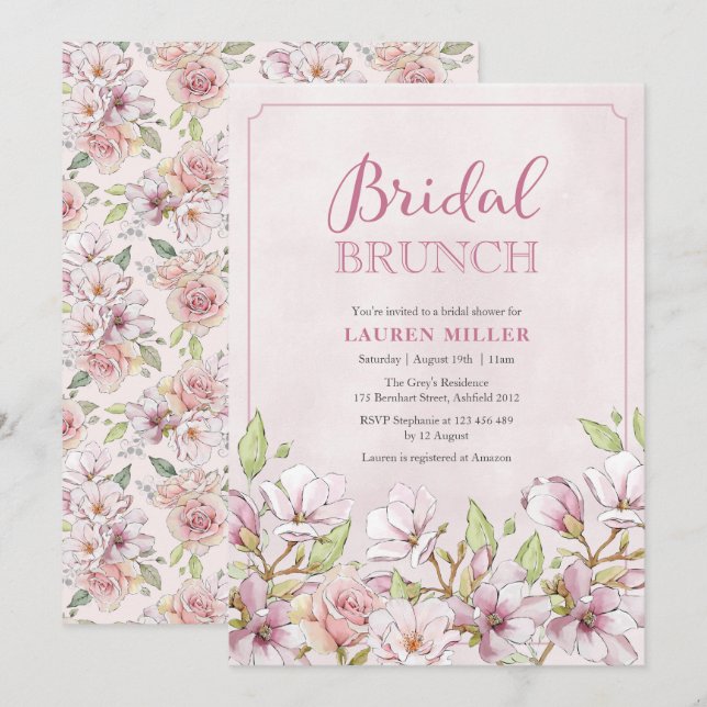 Pink Floral Bridal Shower Brunch invitation (Front/Back)