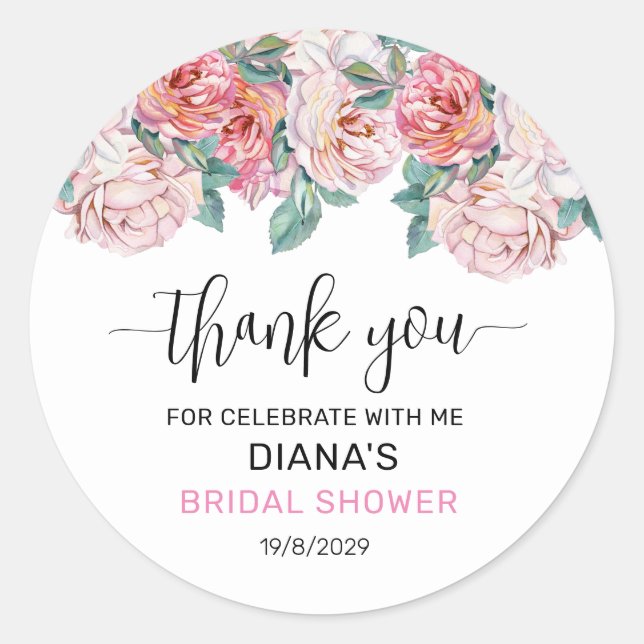 Pink Floral Bridal Shower Classic Round Sticker (Front)